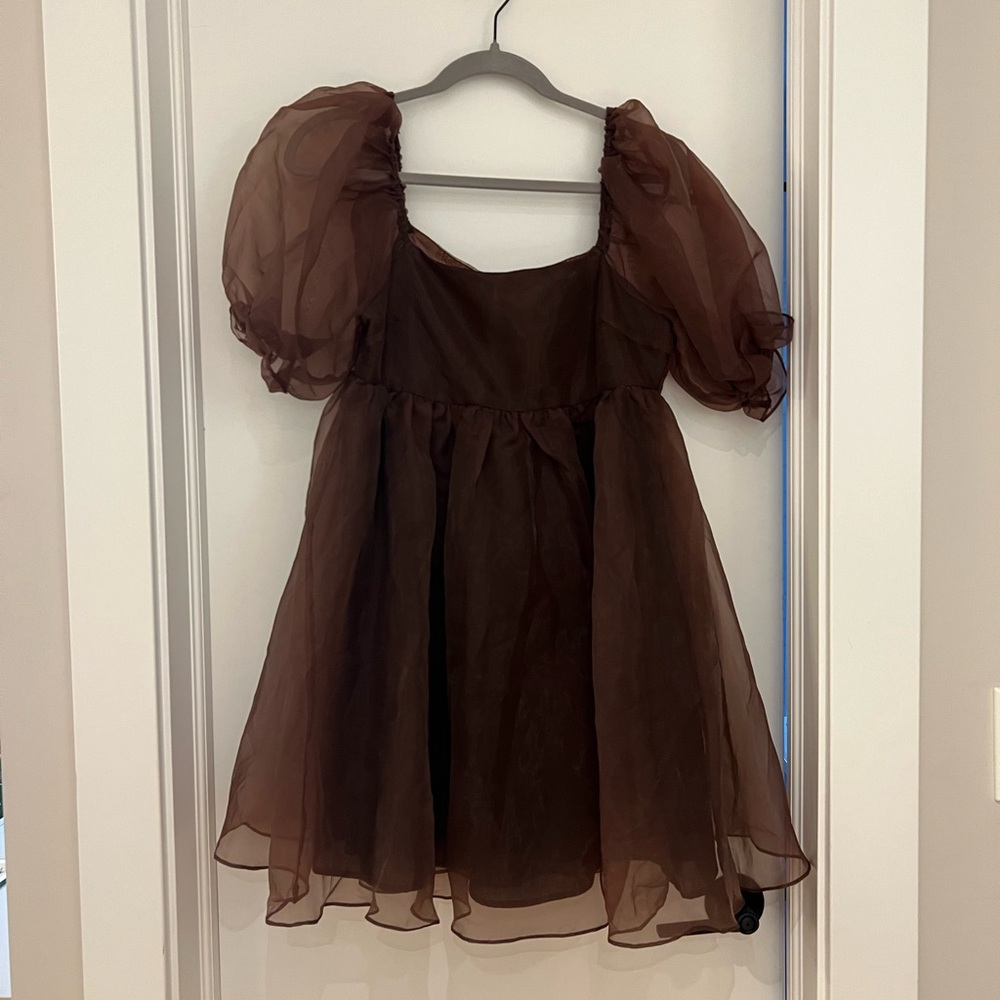 Elegant Brown Puff Sleeve Dress